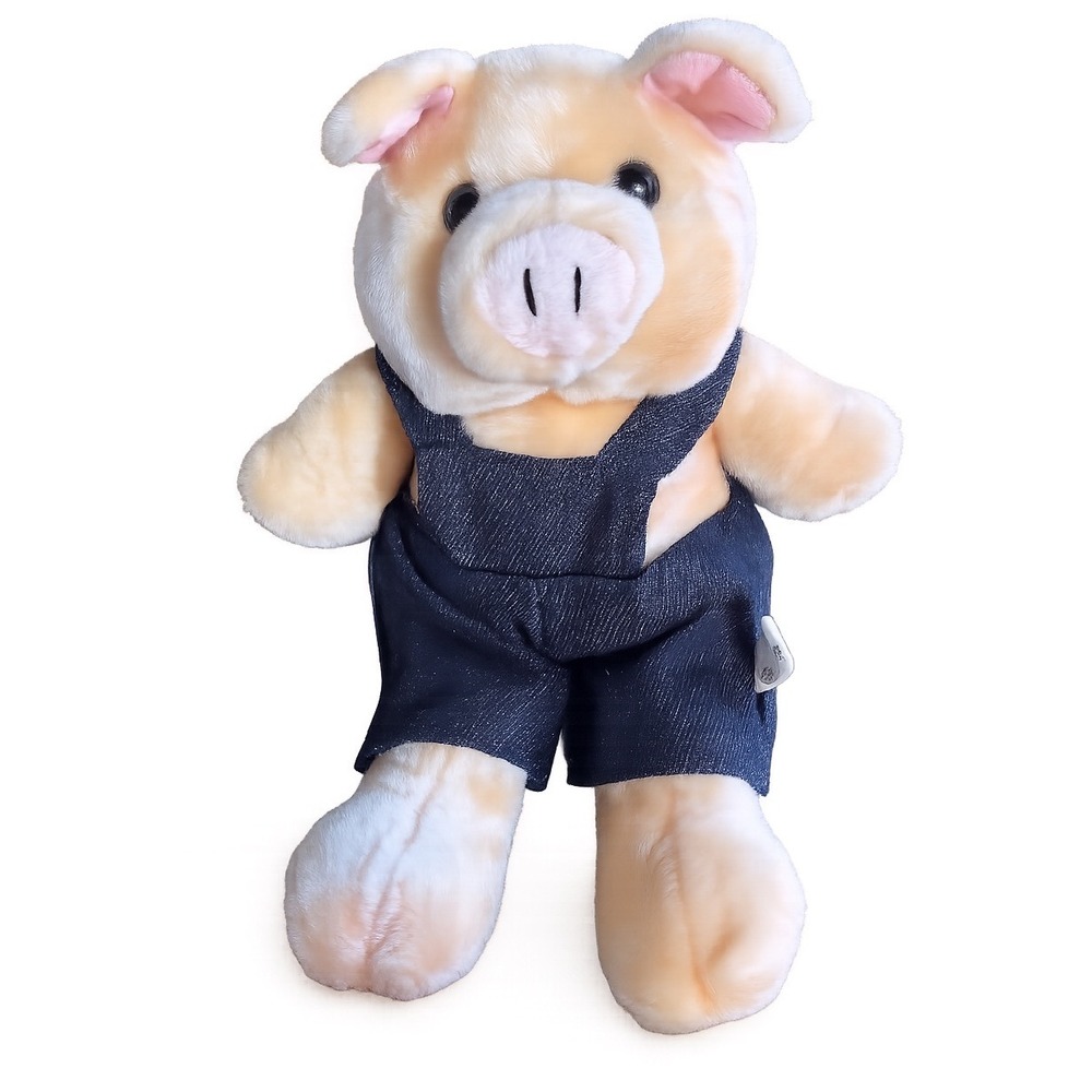 King Plush Vintage Pig Stuffed Animal Denim Overalls Pink‎ Farm Toy Collectible